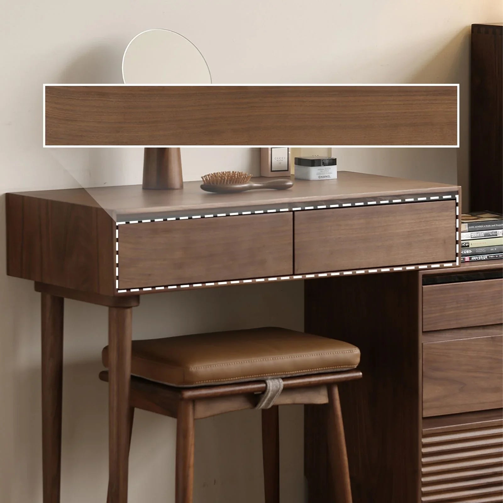 Modern walnut bedside table with integrated drawers and cushioned wooden stool