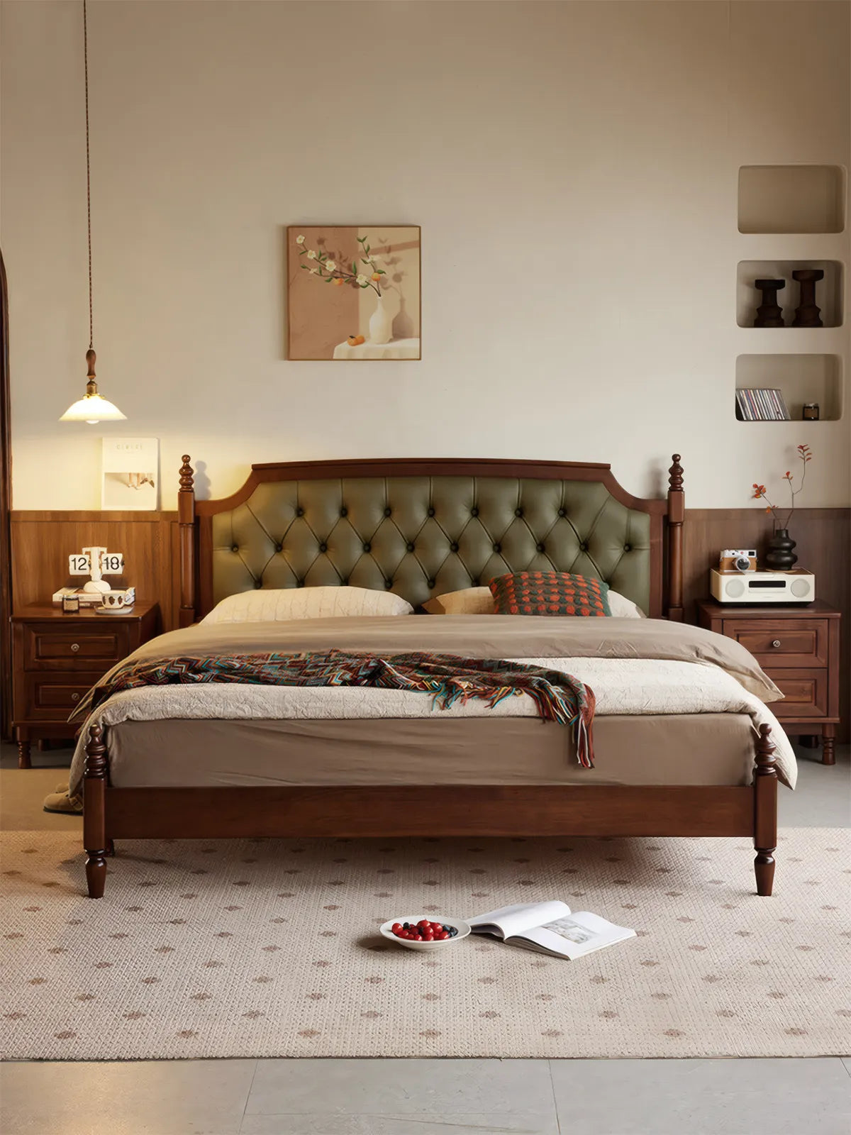 Modern Japandi style bedroom interior featuring the Kurumi walnut bed with green accents.