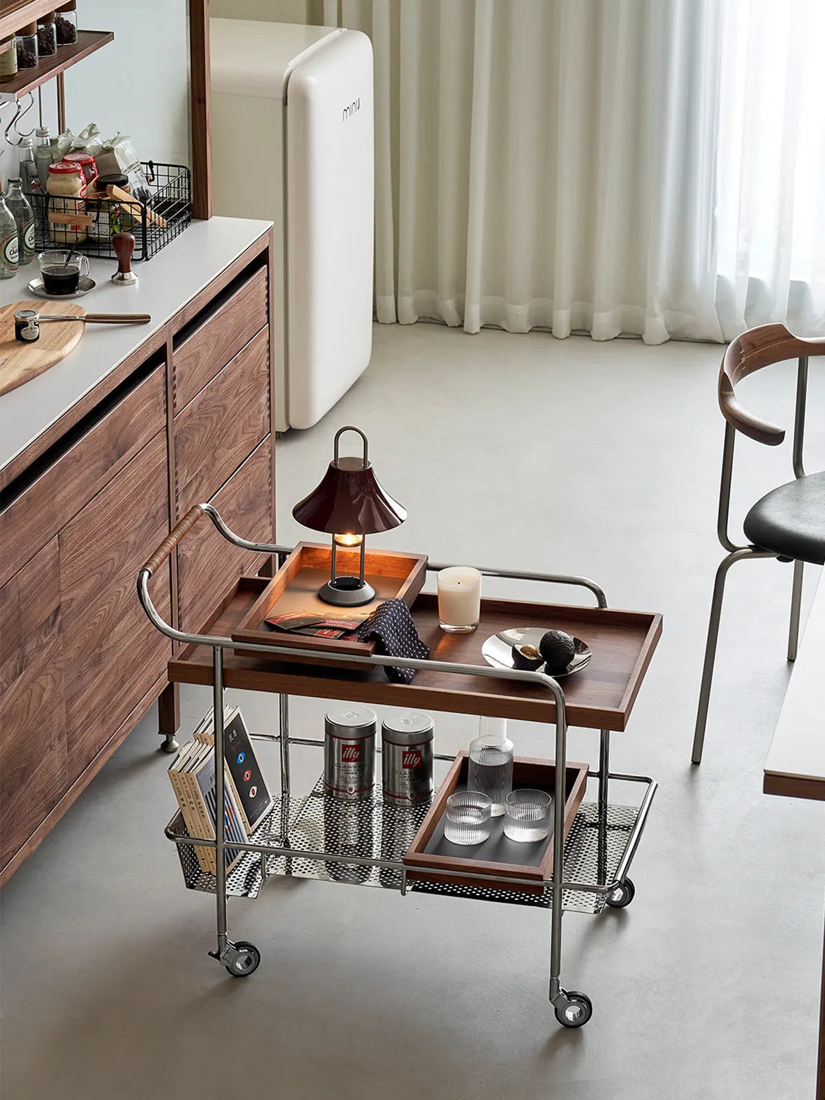 Japandi style interior featuring the Walnutry bar cart used as a mobile coffee station with minimalist decor.