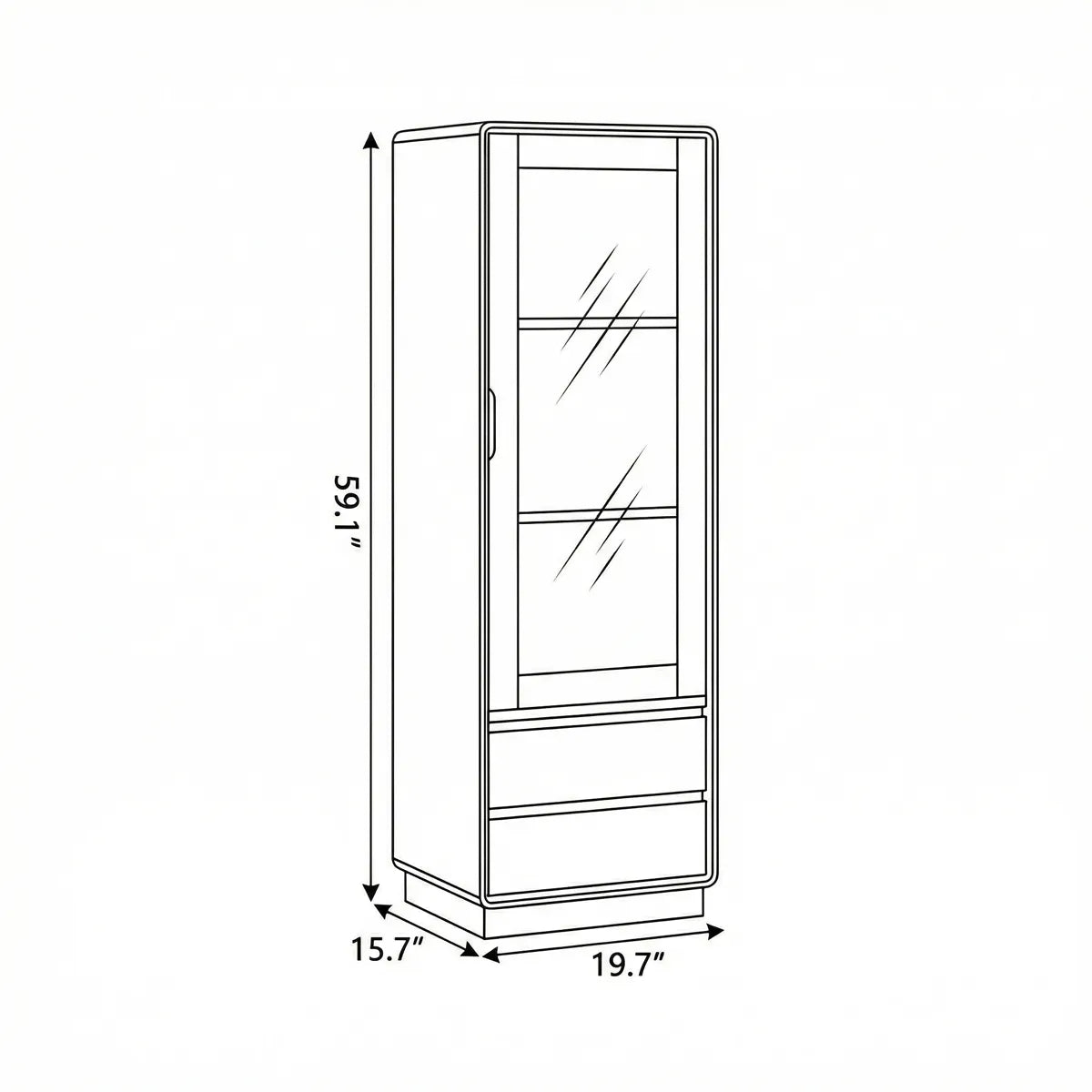 Technical line drawing showing dimensions: 59.1" Height, 15.7" Width, 19.7" Depth.

