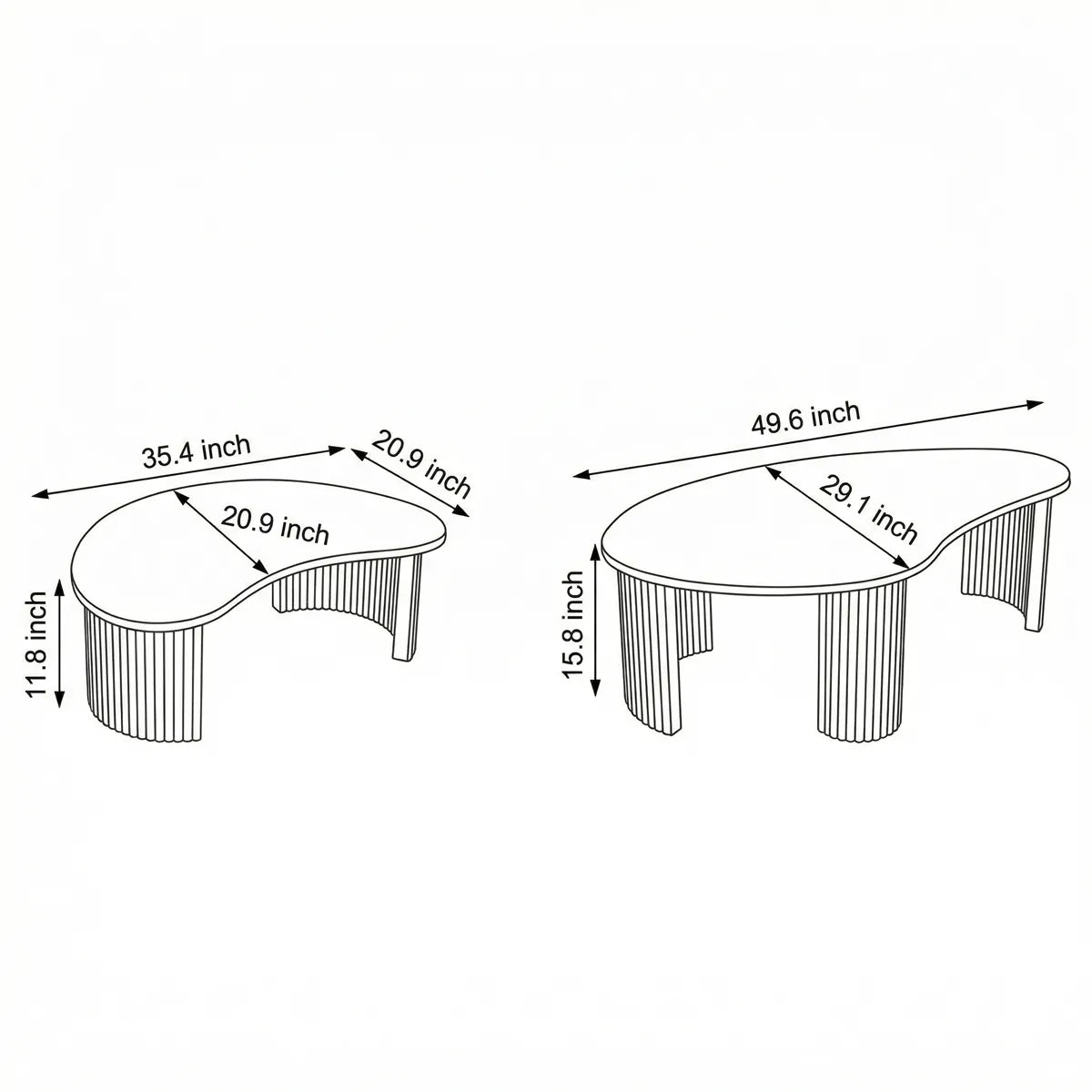 "Technical dimension drawing of Kurumi Large and Small cloud tables showing length, width, and height."