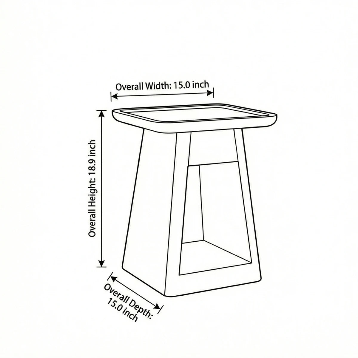 Line drawing showing dimensions of Walnutry Kurumi side table: 15 inches wide, 15 inches deep, and 18.9 inches high.