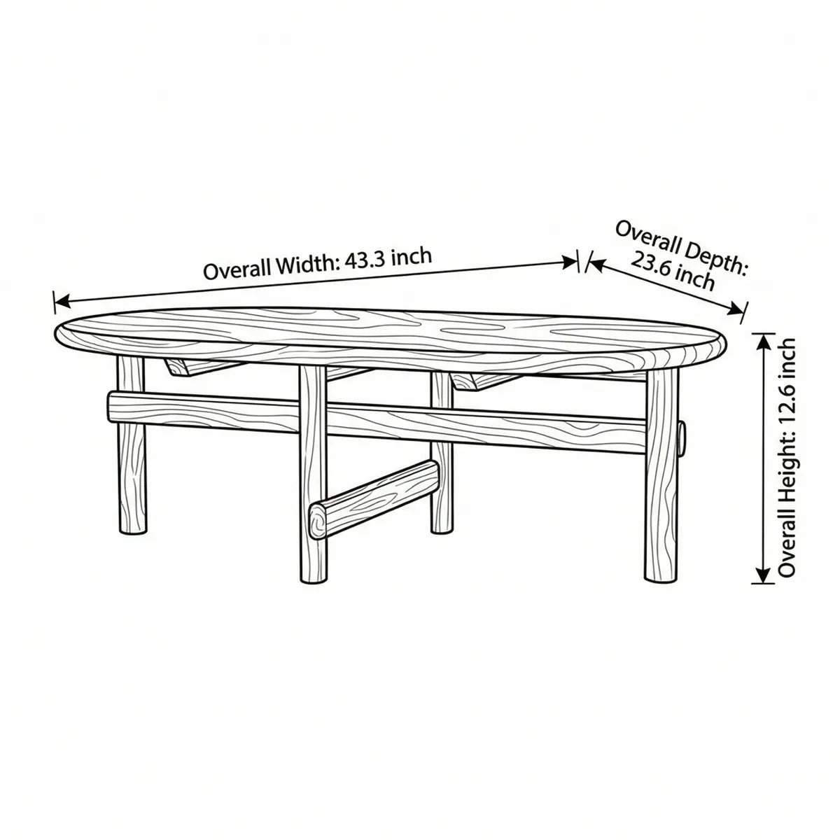Dimension diagram of The Suiseki Pebble Table showing 43.3 inch width and 12.6 inch low profile height, suitable for floor sitting.

