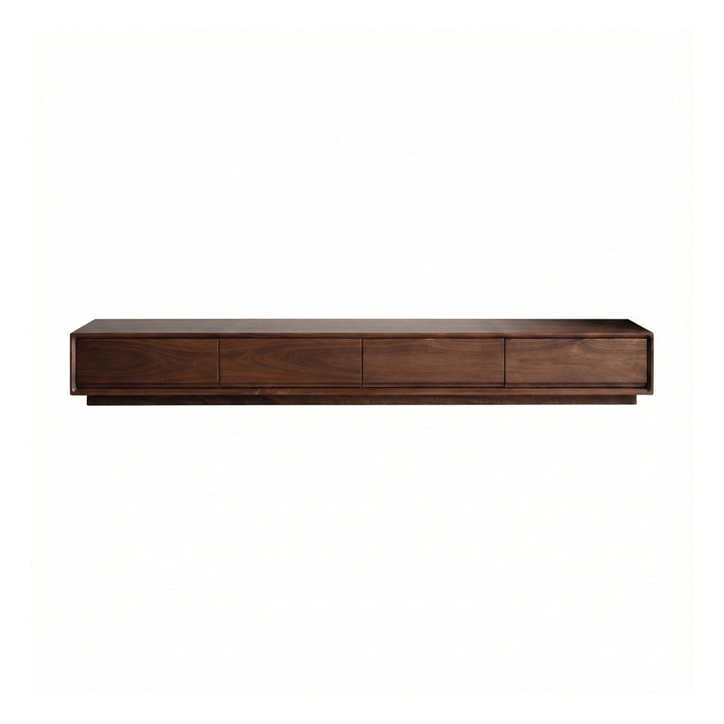 Low profile solid walnut TV stand with a sleek, minimalist design and rich wood grain finish
