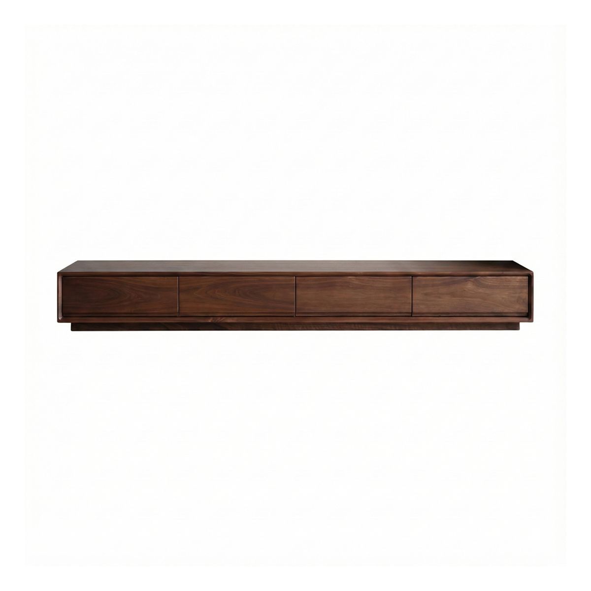 Low profile solid walnut TV stand with a sleek, minimalist design and rich wood grain finish