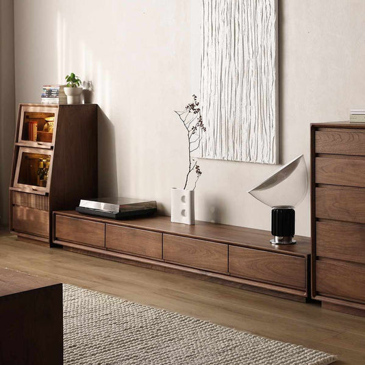 Walnutry Lowline ultra-low solid black walnut media console for large television screens.