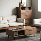 Modern living room featuring a premium solid wood coffee table with a large storage drawer in side view.