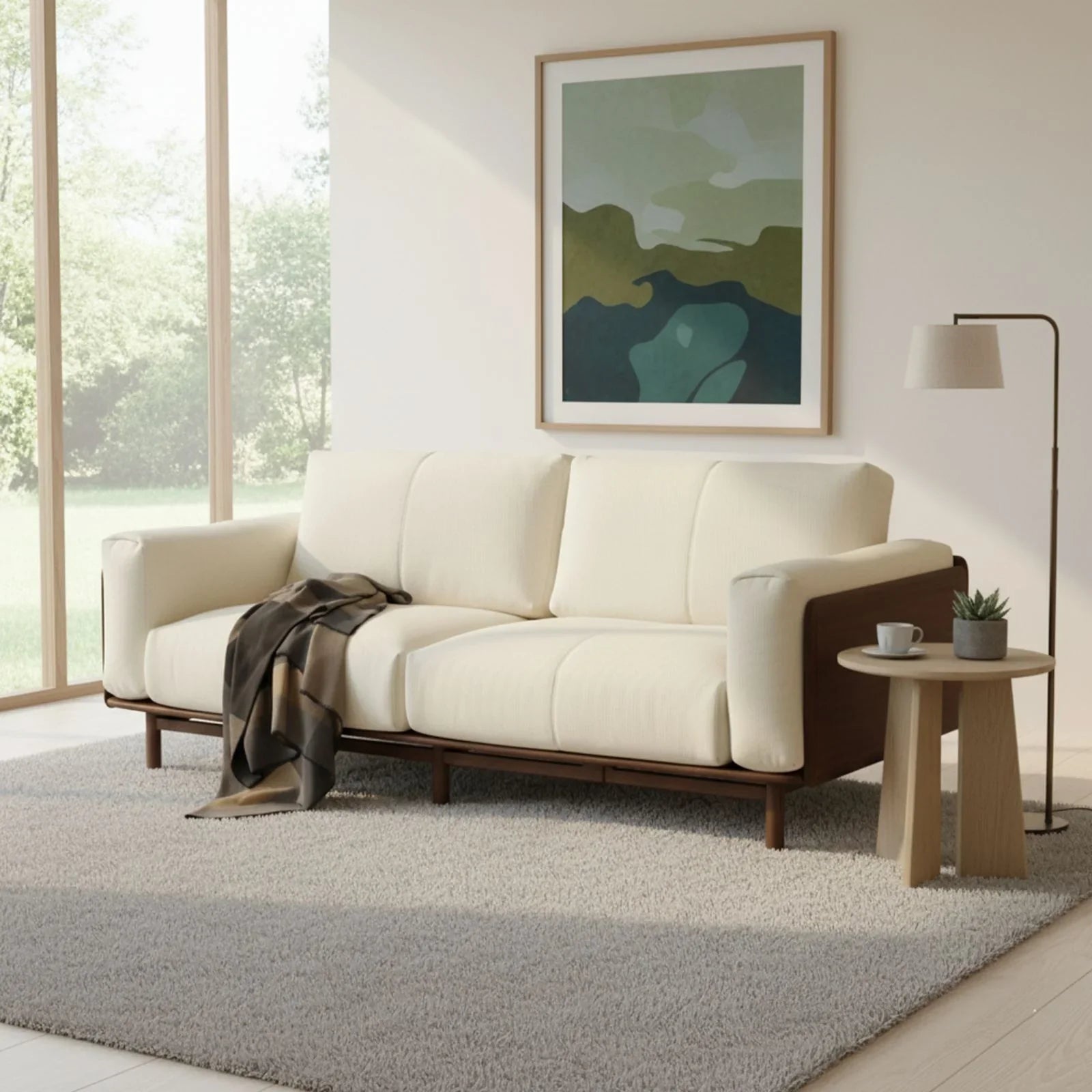 Modern cream sofa with walnut frame in bright living room with abstract wall art and side table