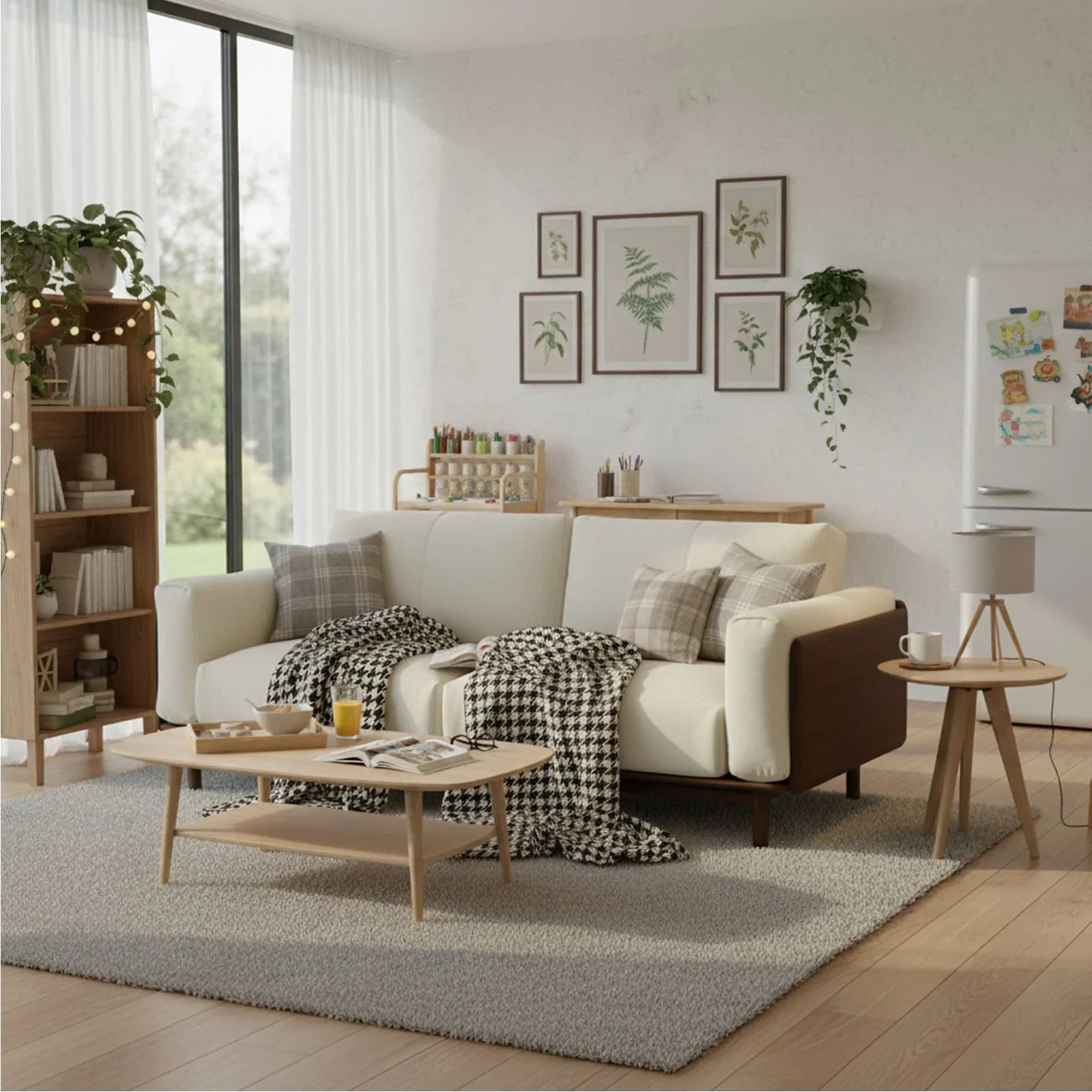Spacious modern living room featuring a 3-meter long solid wood sofa as the centerpiece.