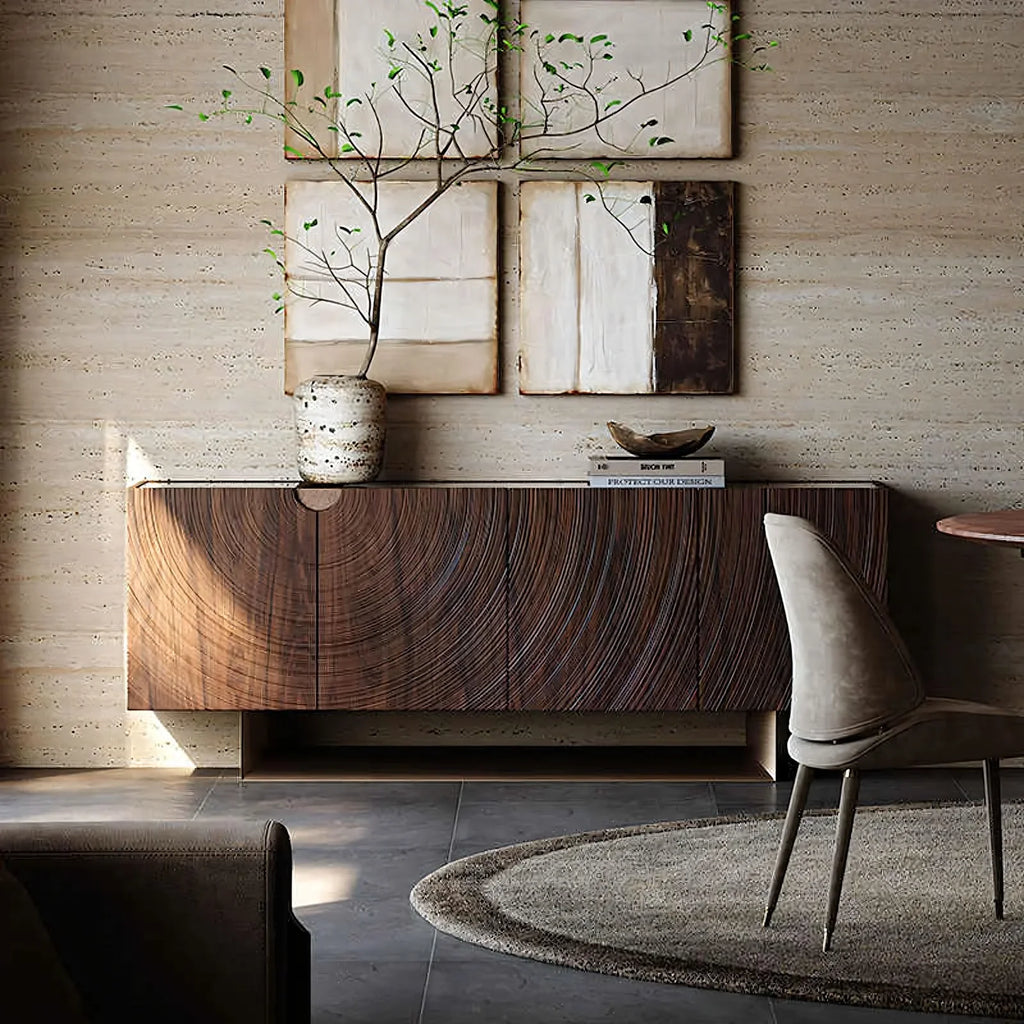 Modern luxury dining room with textured wooden buffet cabinet, abstract wall art, and beige upholstered chair