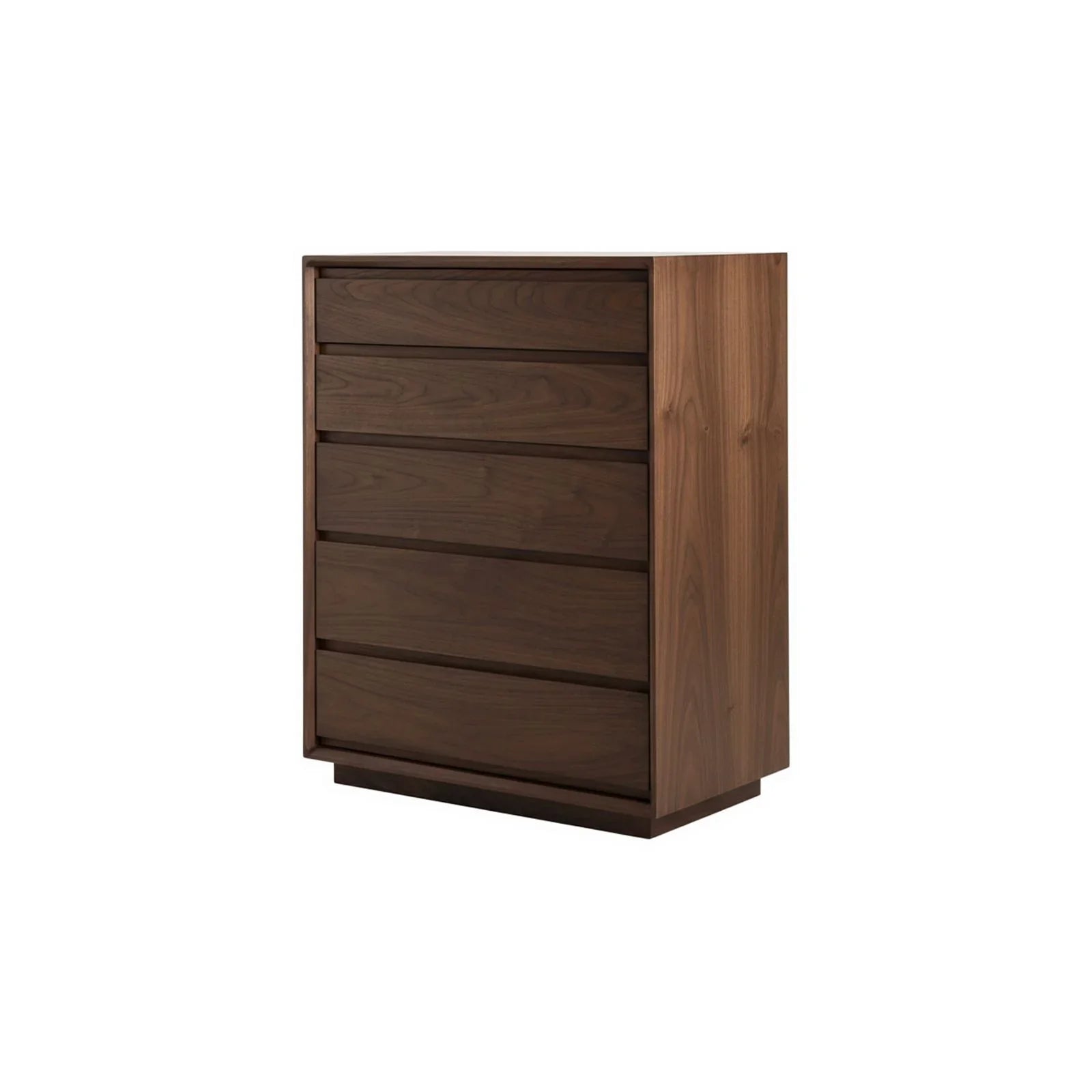 Mid-century modern walnut highboy chest with five drawers and minimalist design