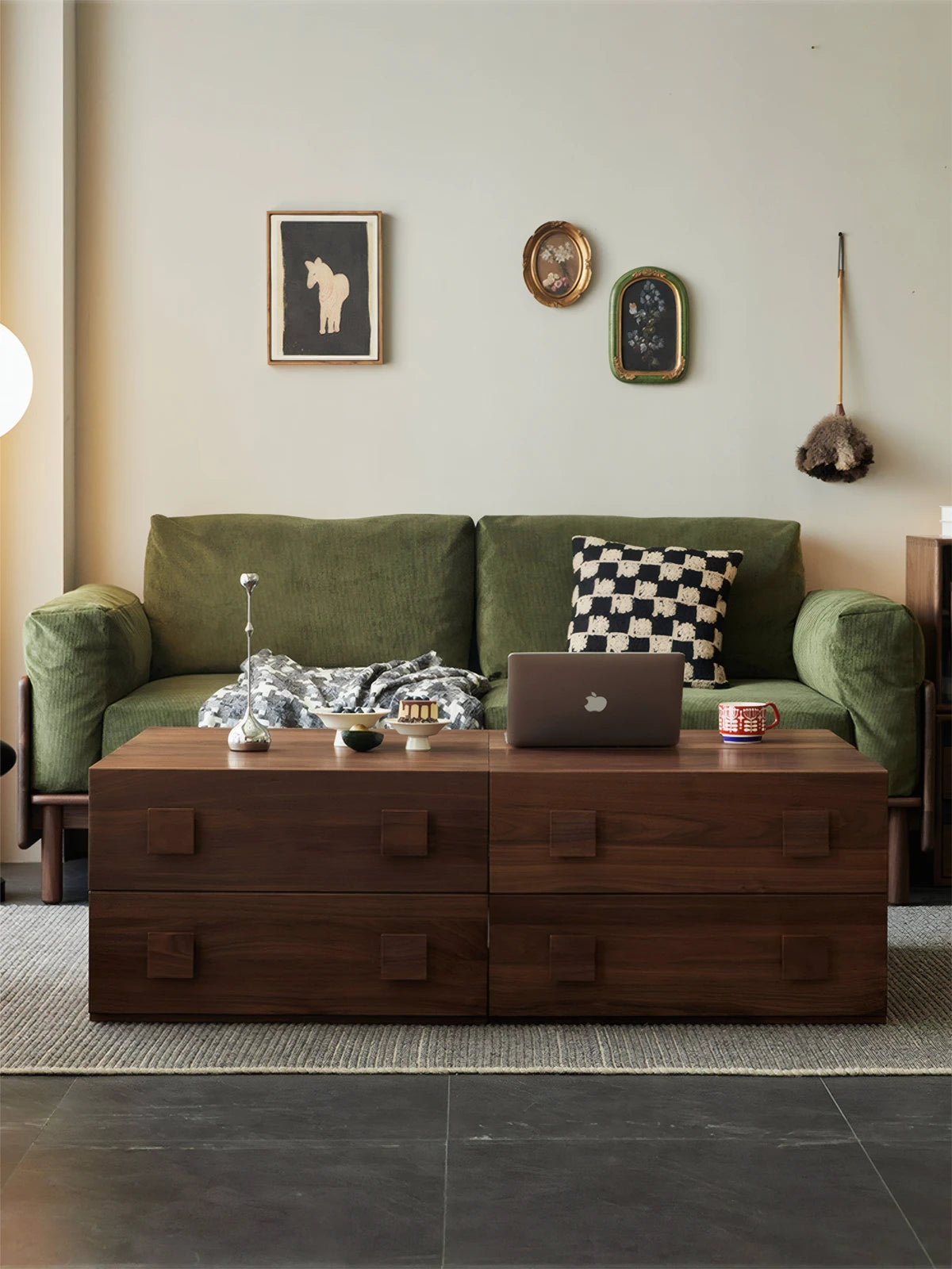 Cozy living room featuring two Walnutry modular drawer units used as a low-profile coffee table and storage solution.