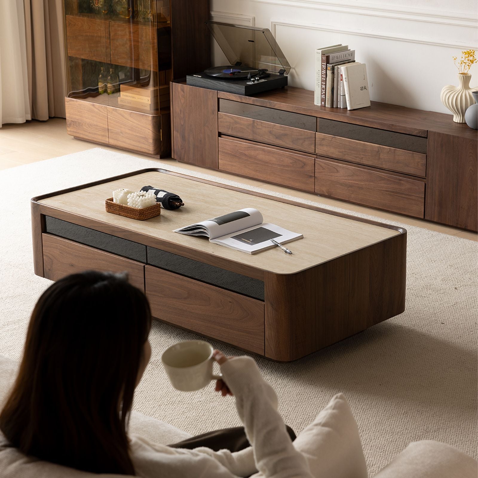 Interior design inspiration: Minimalist living room featuring a Walnutry solid black walnut media console as the focal point.