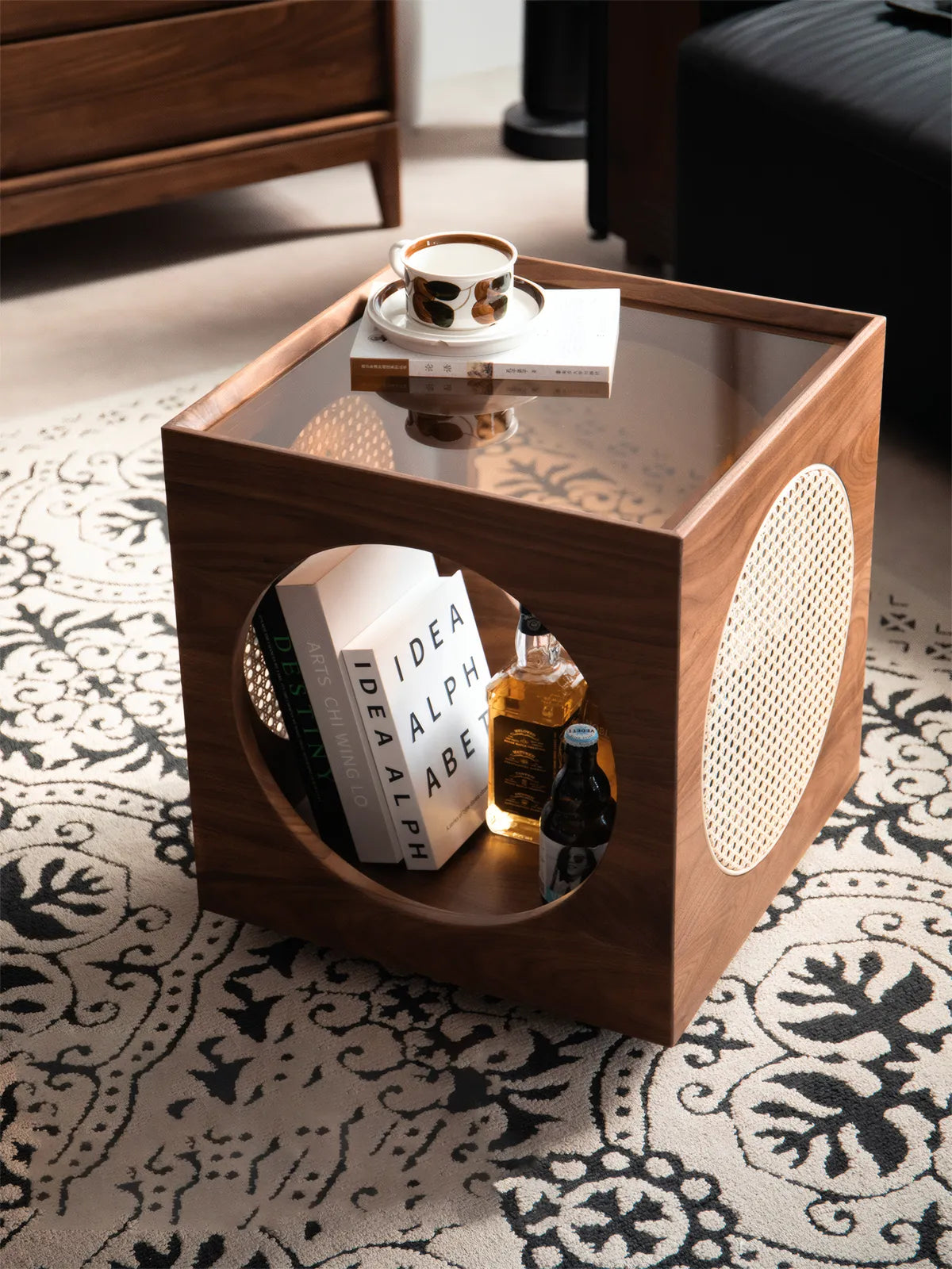 Front view of Sylvan solid walnut cat house side table with tempered glass top and coffee cup decor