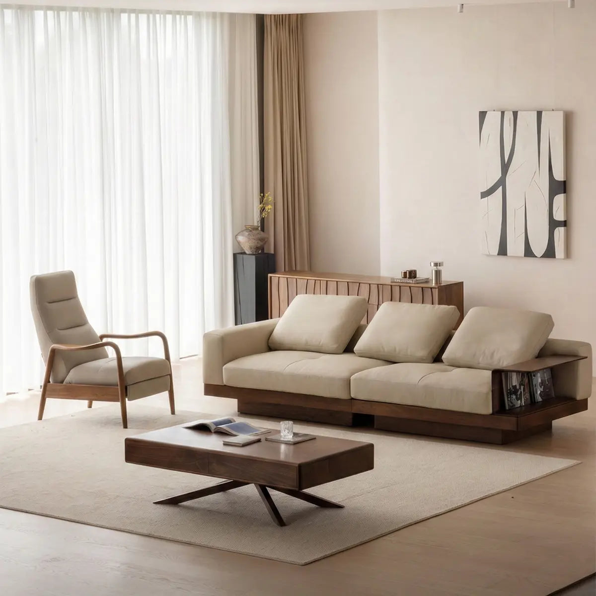 Angled view of the Komorebi sofa in a minimalist living room, highlighting the warm walnut wood tones.