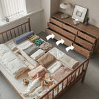 Walnutry Grid 8-drawer solid black walnut dresser with unique 3D waffle textured drawer in a bedroom.