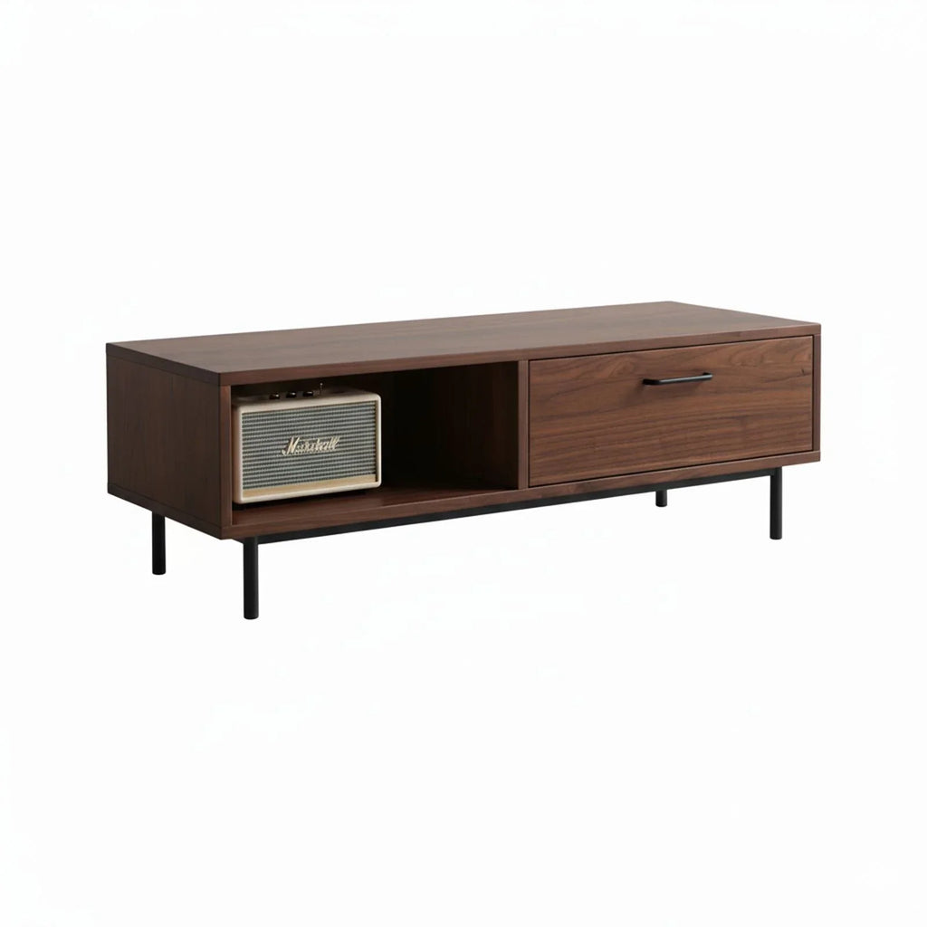 modern minimalist wooden coffee table with open shelf and drawer on black metal legs, side view