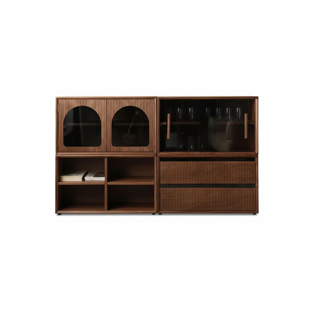 Modular walnut storage system with glass doors, open shelves, and drawers in modern design