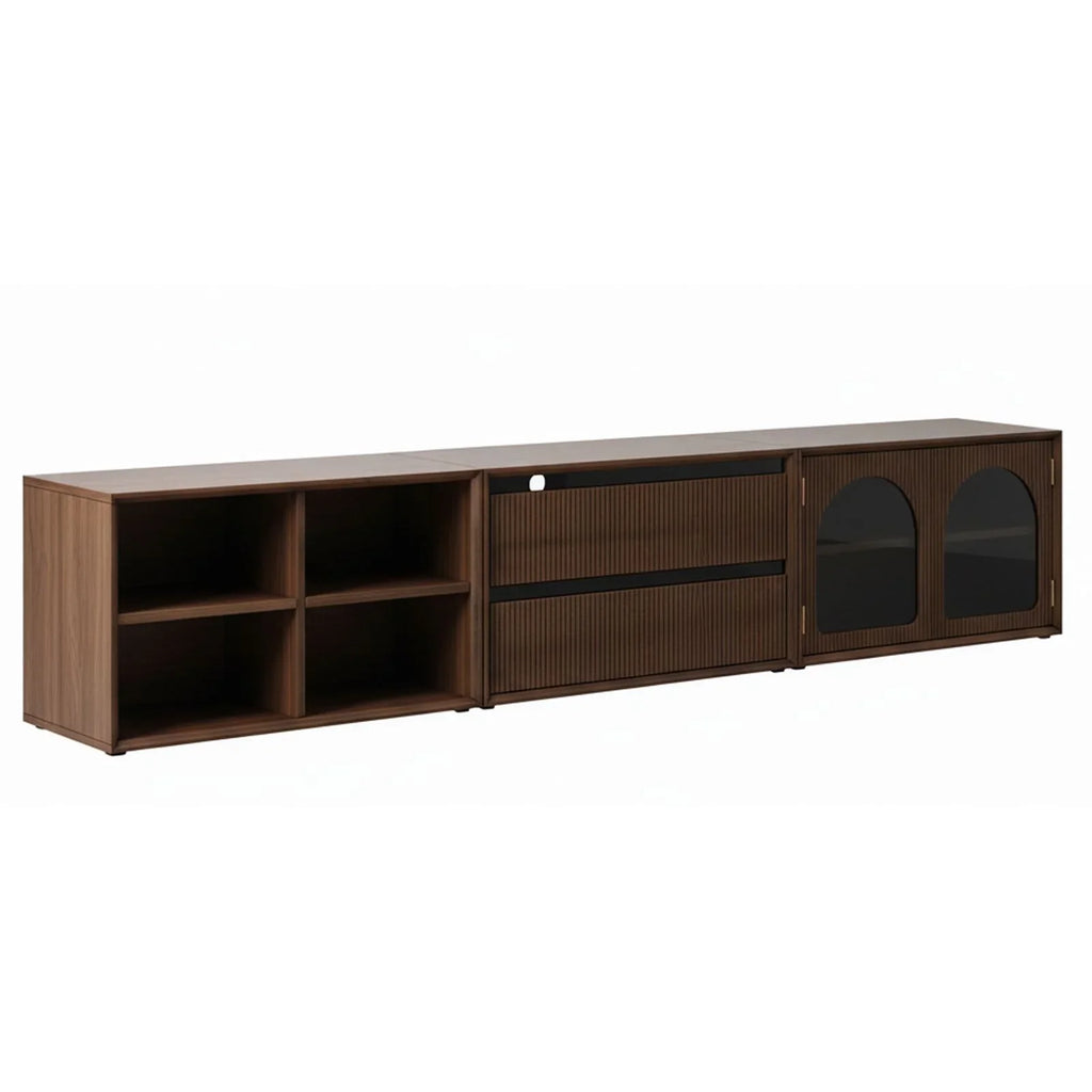 Modular walnut storage system with glass doors, drawers, and open shelving side view