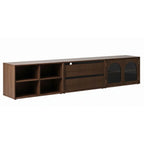Modular walnut storage system with glass doors, drawers, and open shelving side view