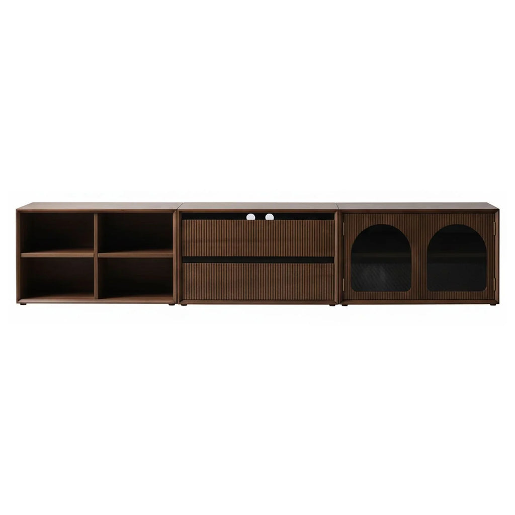Walnutry Composer modular solid walnut storage system featuring vintage glass sliding doors.