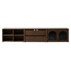 Walnutry Composer modular solid walnut storage system featuring vintage glass sliding doors.