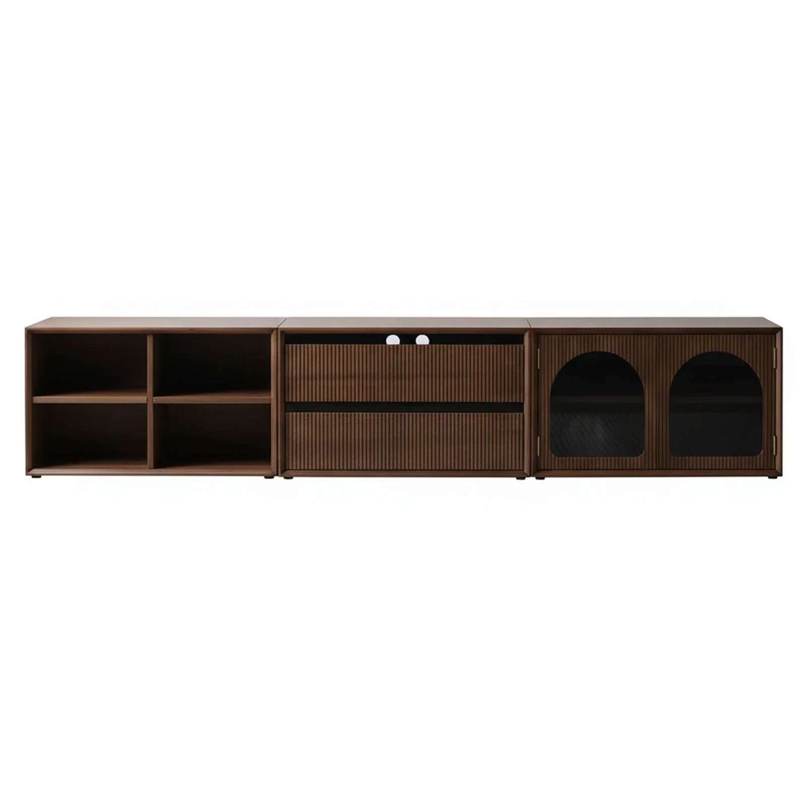 Walnutry Composer modular solid walnut storage system featuring vintage glass sliding doors.