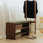 Side profile view of the compact walnut shoe bench designed for narrow hallways and small apartments with clover pattern.