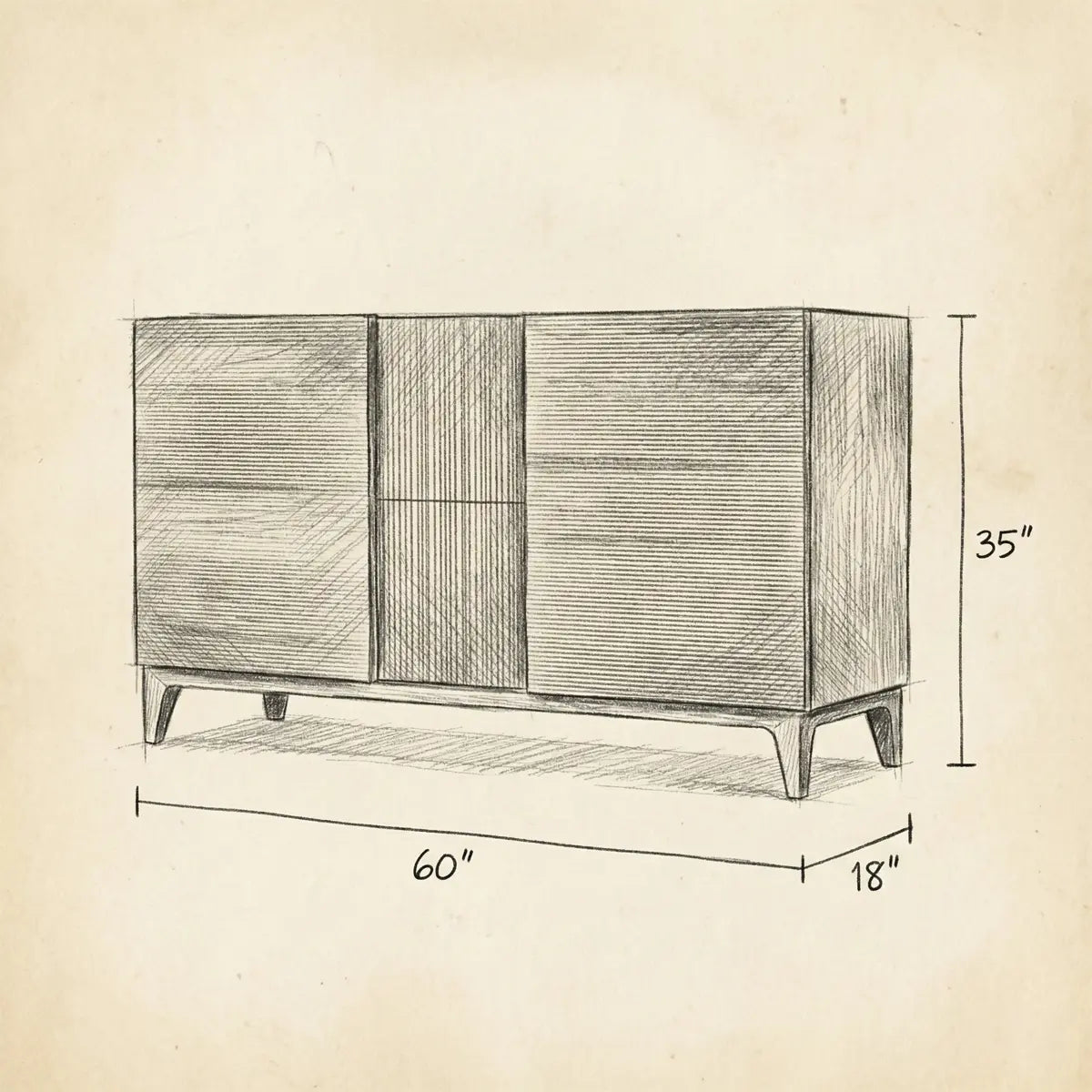 Hand-drawn dimension sketch of The Opus Console: 60 inches wide, 35 inches high, and 18 inches deep, illustrating cabinet proportions and leg height.