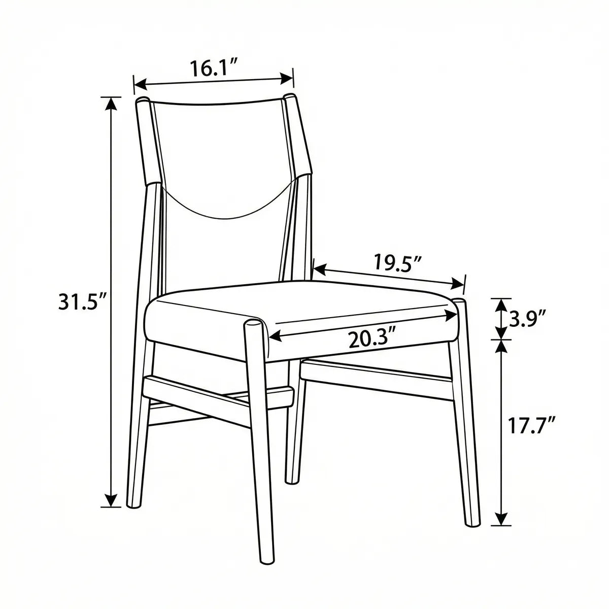 Technical dimension diagram of the Opus dining chair, showing a seat height of 18.5 inches and seat depth of 16.1 inches.