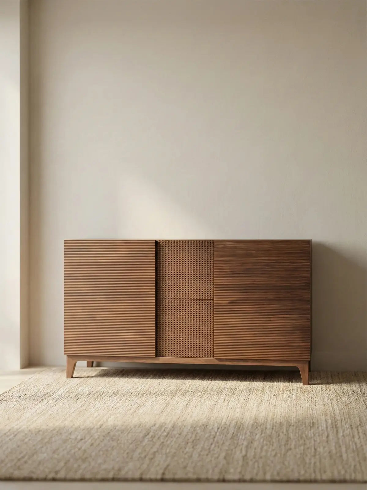 The Opus 60-inch solid wood console table in a minimalist setting with natural light, showcasing the linear design and warm walnut tones.