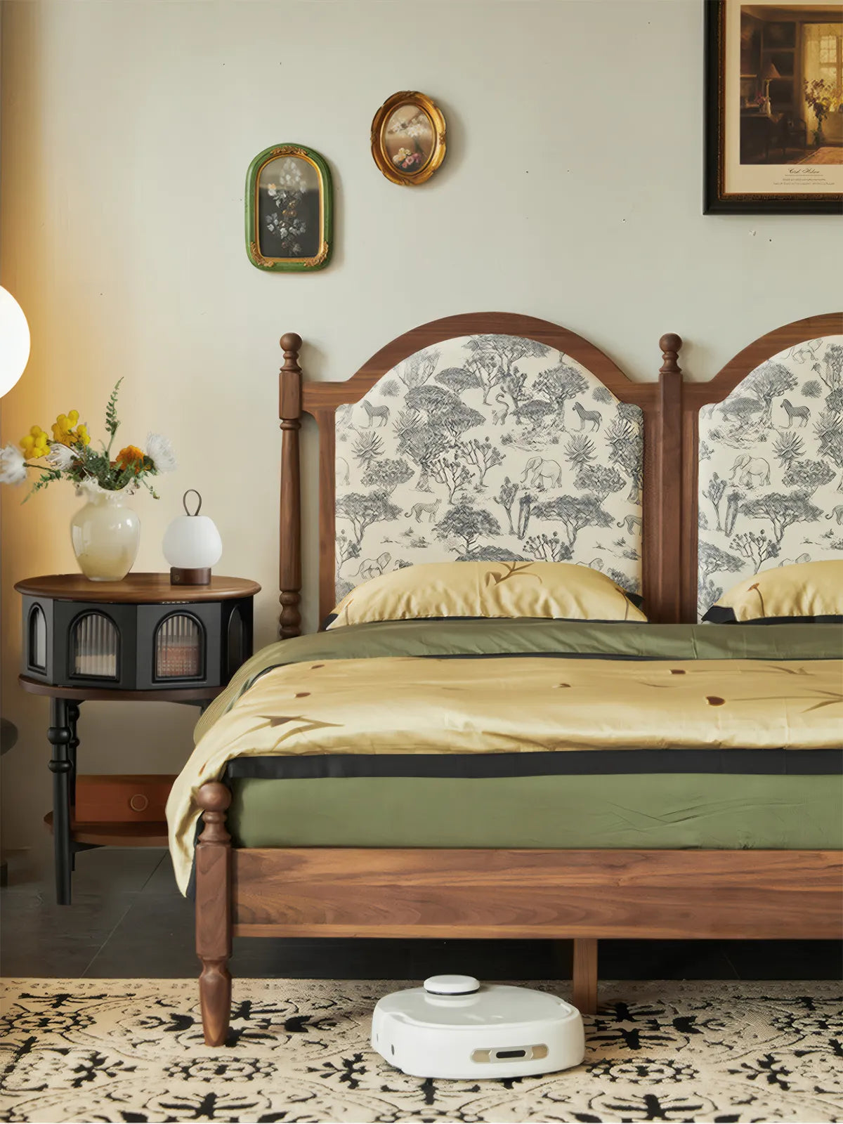 Sylvan fluted glass nightstand styled next to a wooden bed in an organic modern bedroom setting.