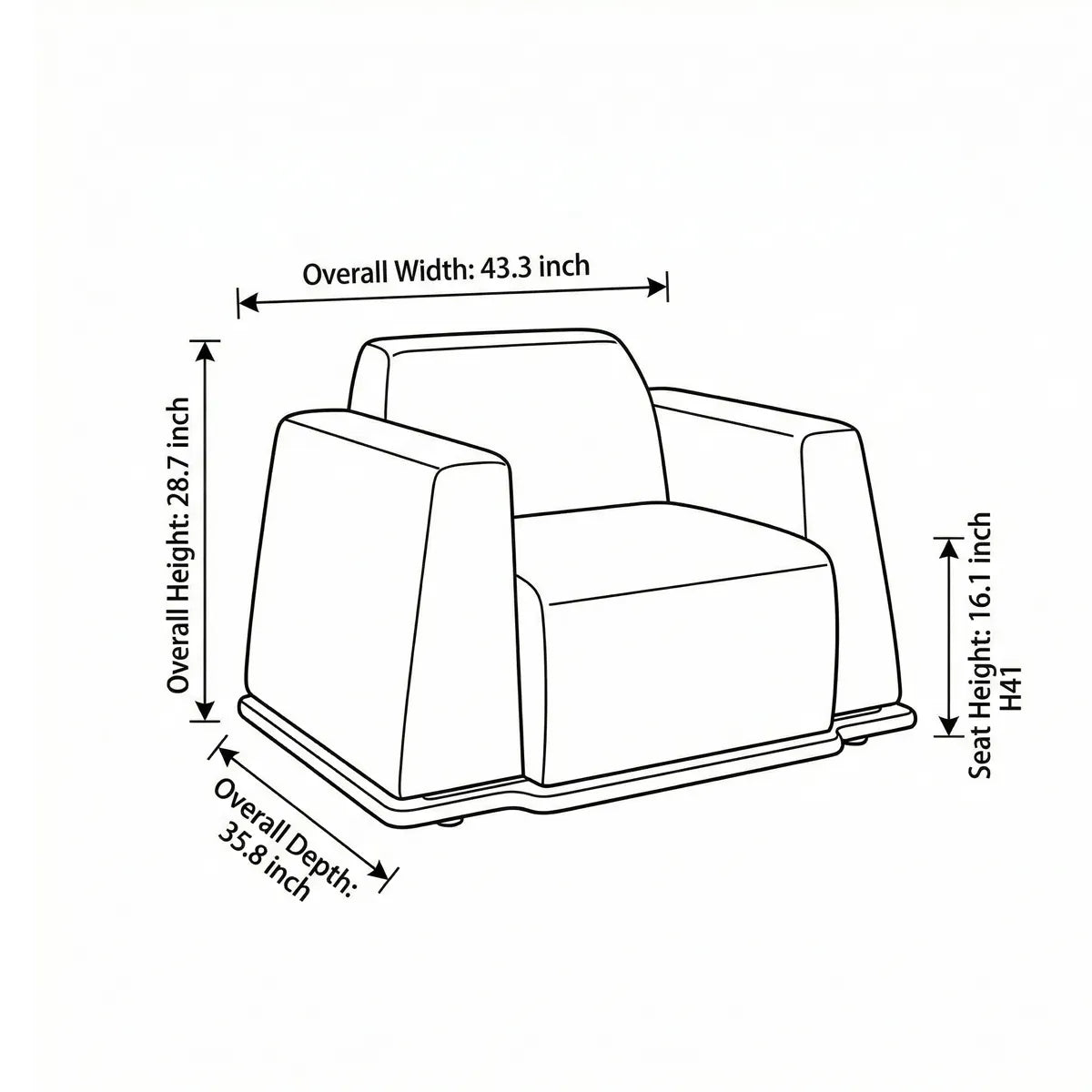 Technical line drawing showing dimensions of the Nara oversized armchair: 43.3 inches wide, 28.7 inches high.
