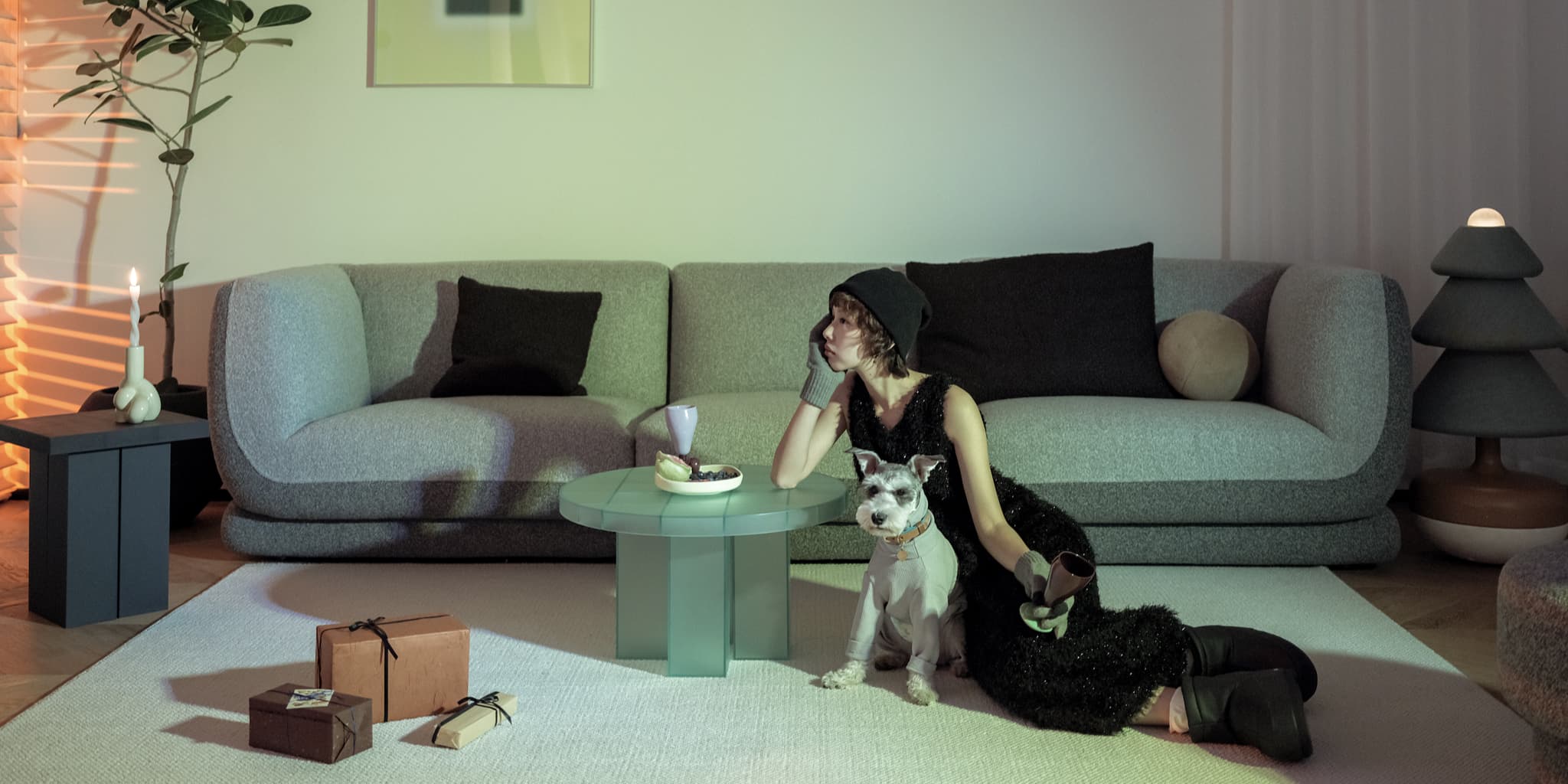 Modern living room lifestyle scene featuring a woman and a Schnauzer dog sitting on a rug, showcasing a grey sofa, glass coffee table, and ambient lighting.