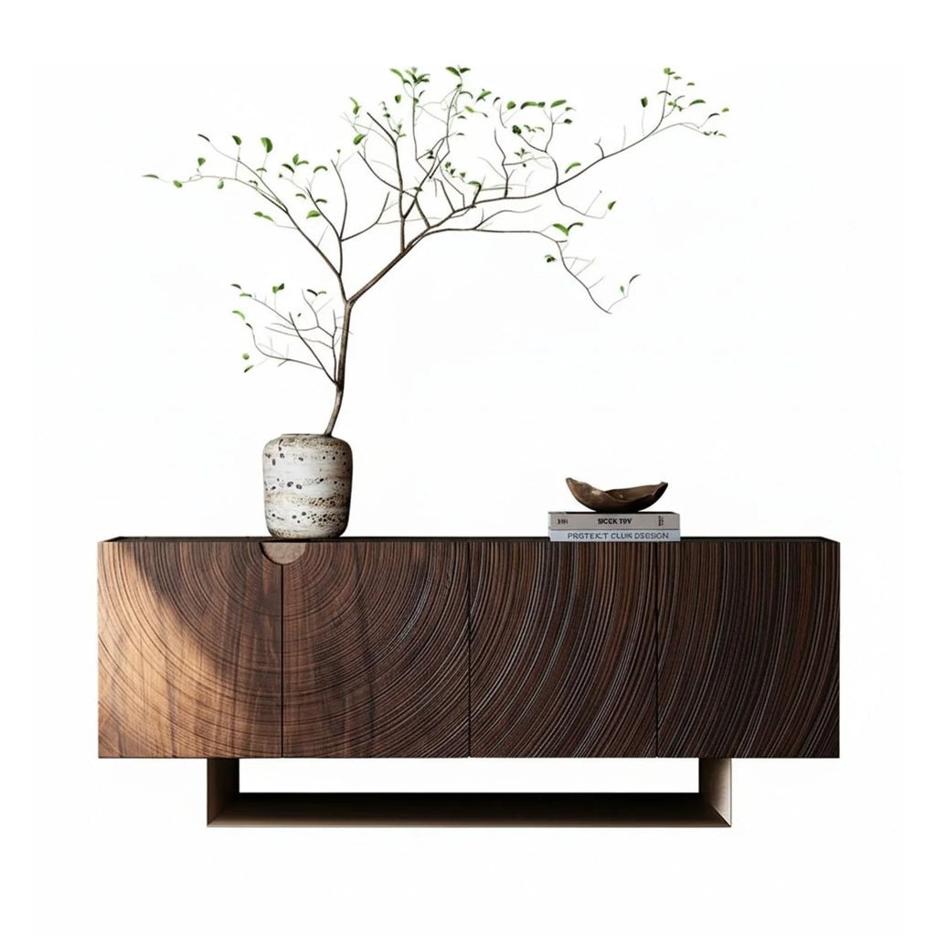 Modern walnut sideboard with ripple wood grain, ceramic vase with branch, books, and wooden bowl