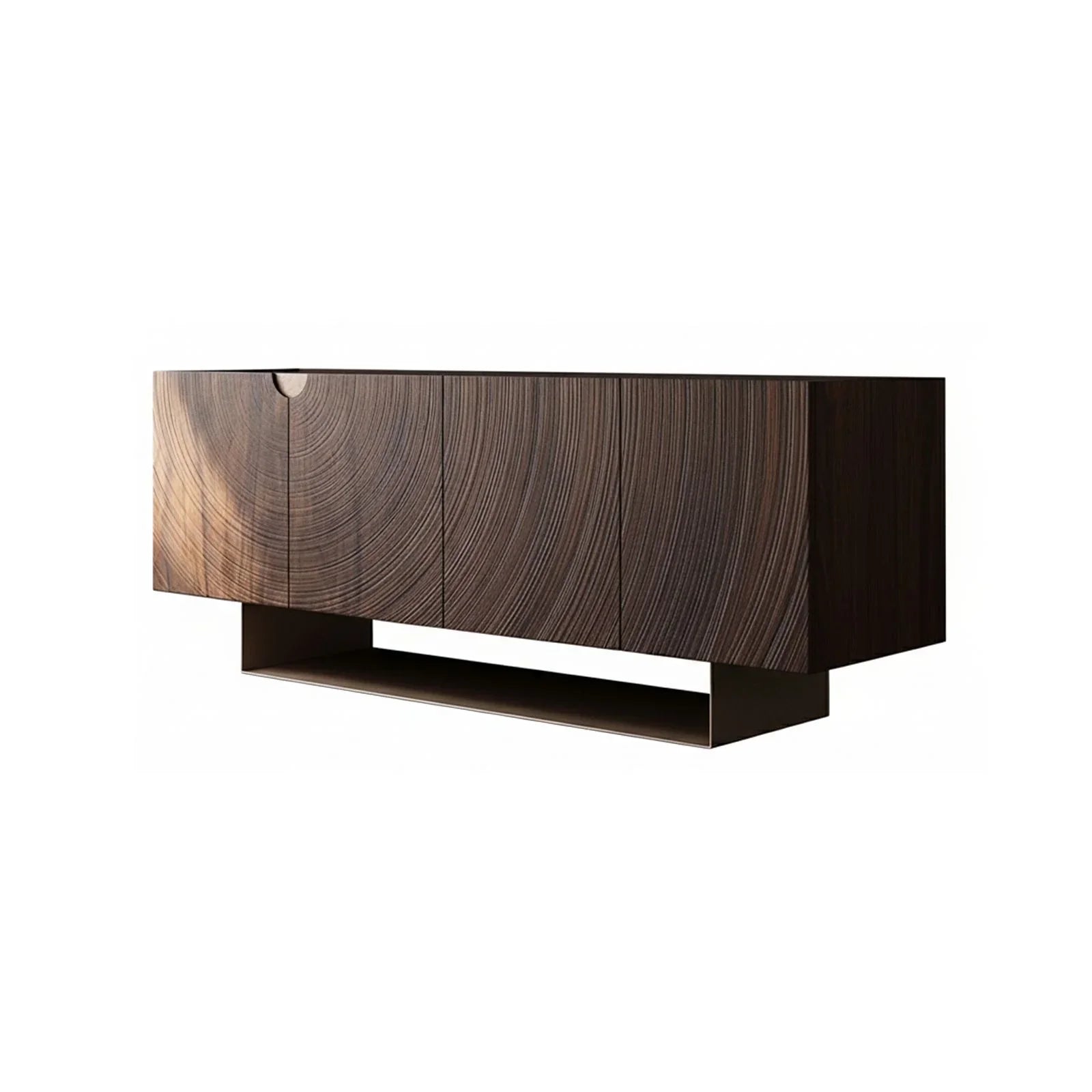 Modern ripple carved walnut sideboard with stone base on white background
