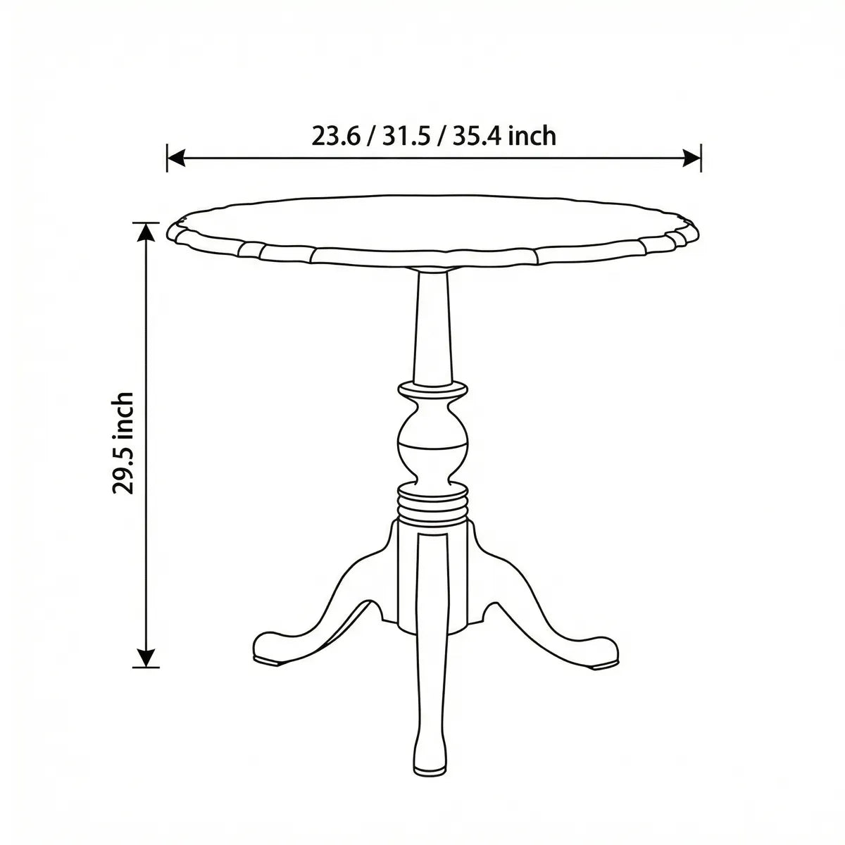 Technical line drawing of the round pedestal table showing height (29.5 inches) and diameter options.
