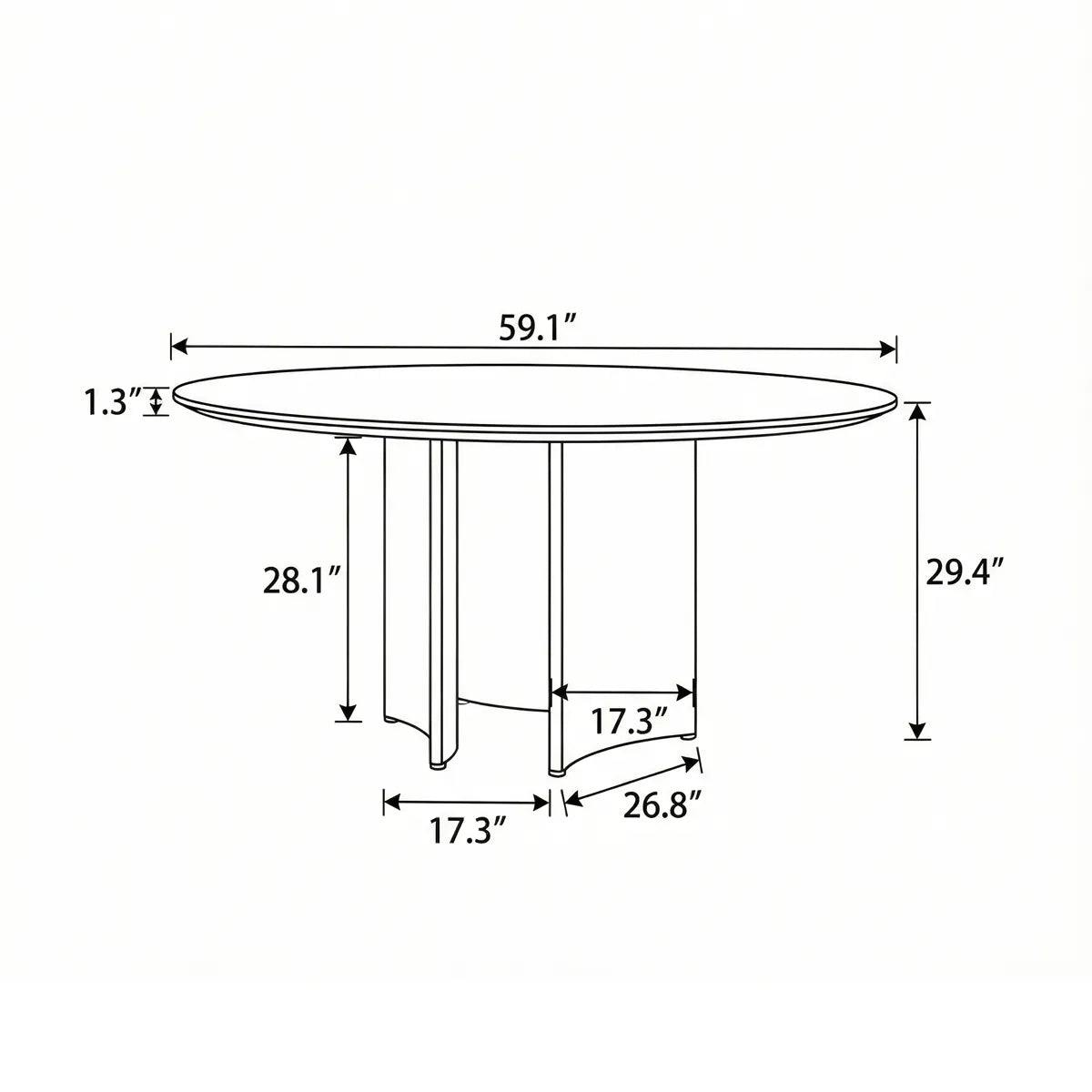 Technical dimension drawing of the Kurumi table showing 30 inch height and 60 inch diameter with leg clearance for chairs
