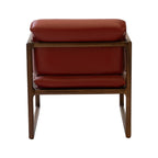 Back profile of modern chair with red leather cushions and walnut wood sled base frame