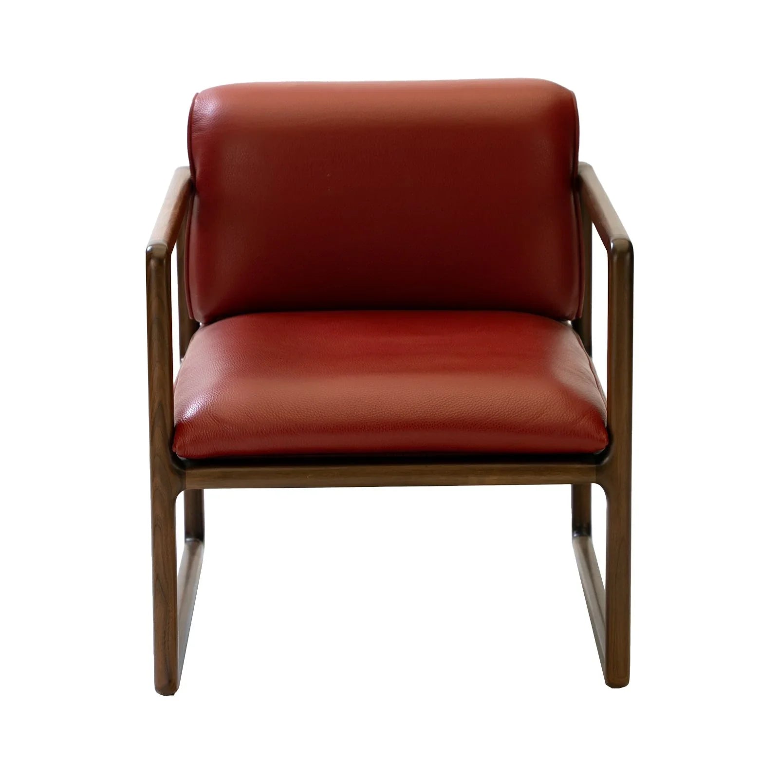 modern sled base chair with red leather cushions and walnut wood frame