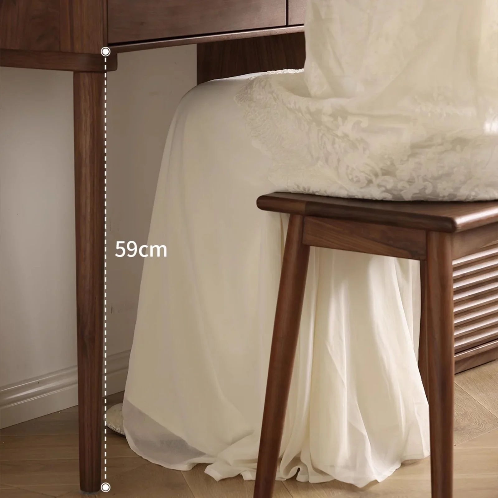 Walnut vanity setup with wooden chair and white lace fabric in small bedroom, leg height 59cm
