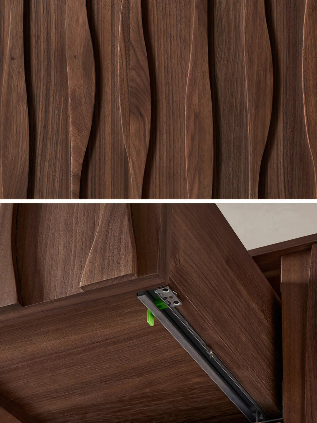 Macro shot of the sculptural wave texture on the walnut door panel and the high-quality soft-close hinge mechanism.
