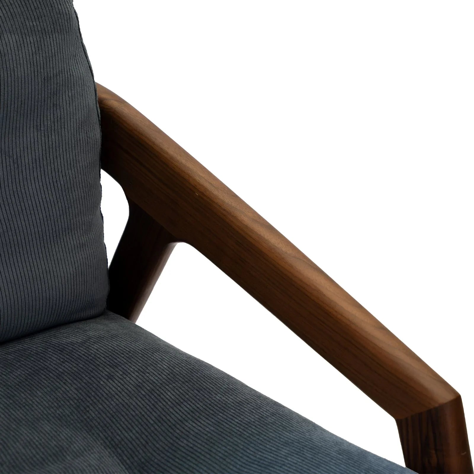 Close-up of Walnutry solid black walnut lounge chair armrest with dark gray fabric upholstery
