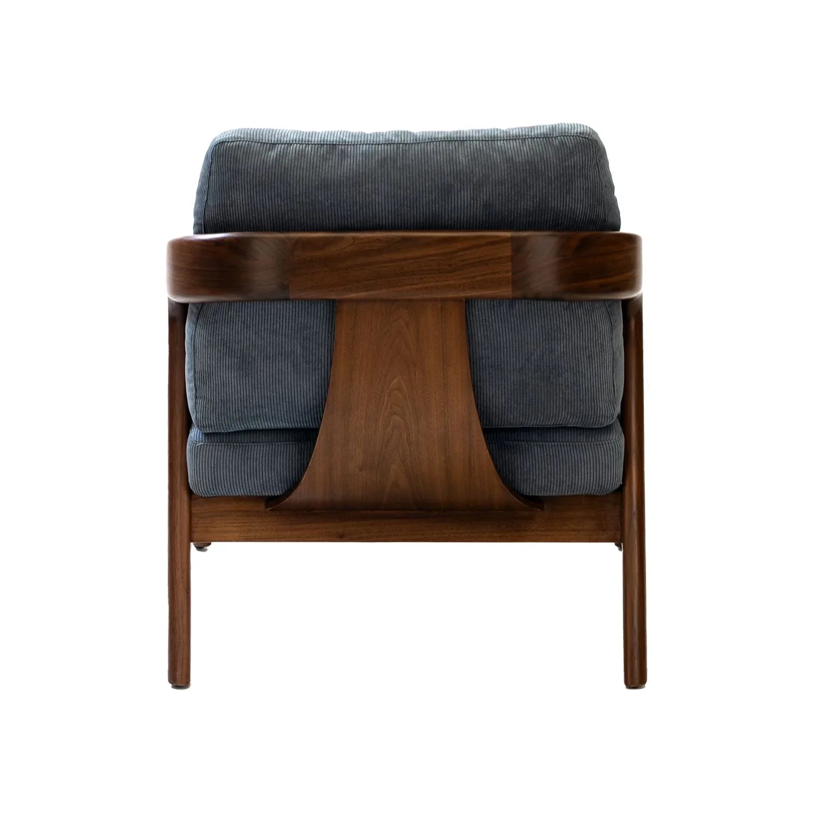 Walnutry solid black walnut lounge chair with dark wood frame and gray cushioned upholstery viewed from the back