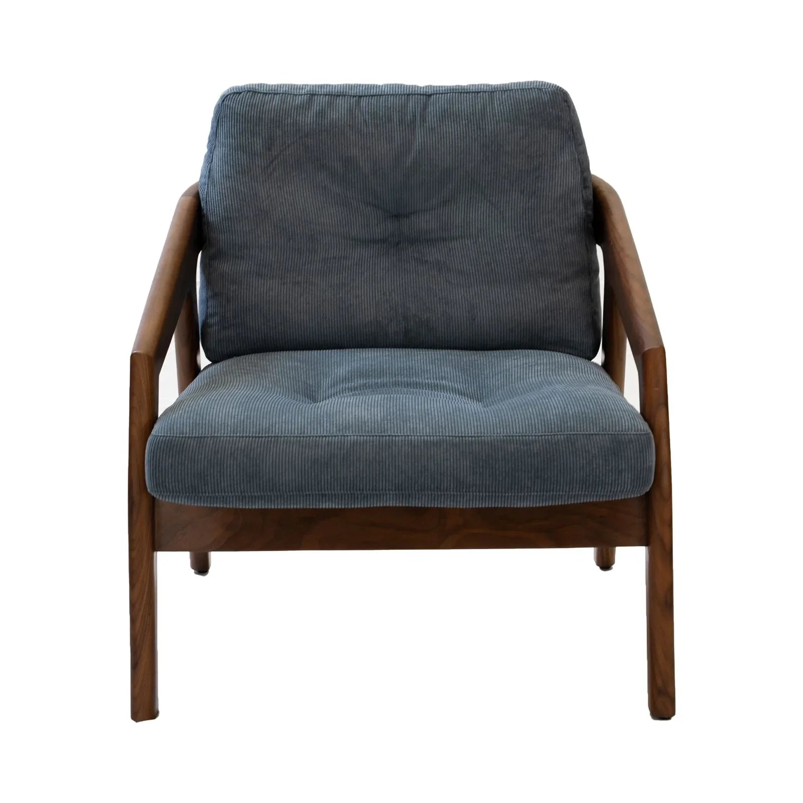 Walnutry solid black walnut lounge chair with plush blue cushions and wooden frame