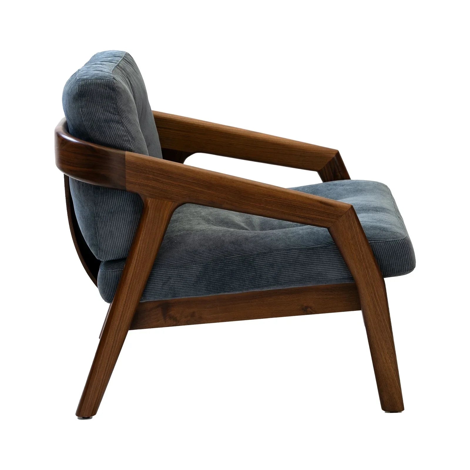 Walnutry solid black walnut lounge chair with gray cushioned fabric and wooden armrests