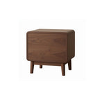Back view of solid black walnut nightstand with rounded edges and four wooden legs