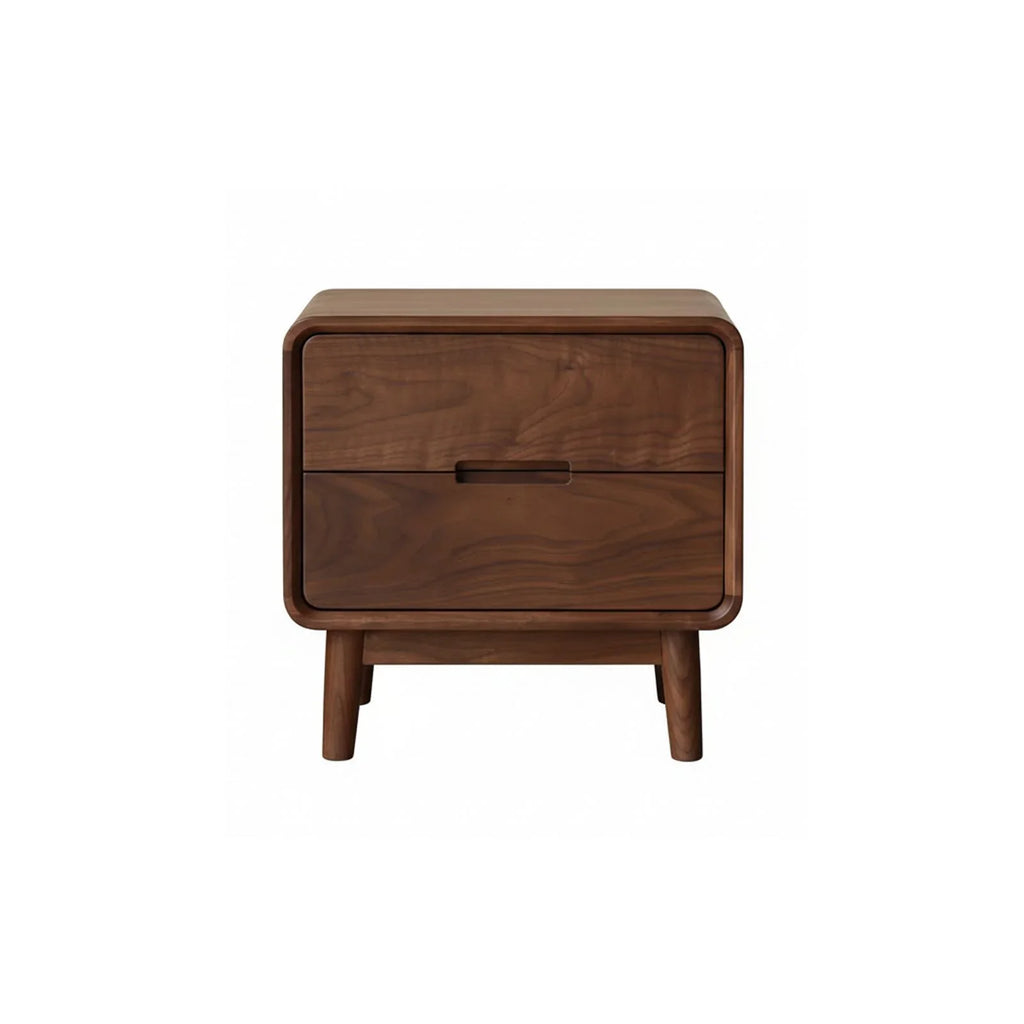 Solid black walnut nightstand with rounded edges and two drawers, front view
