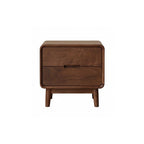 Solid black walnut nightstand with rounded edges and two drawers, front view