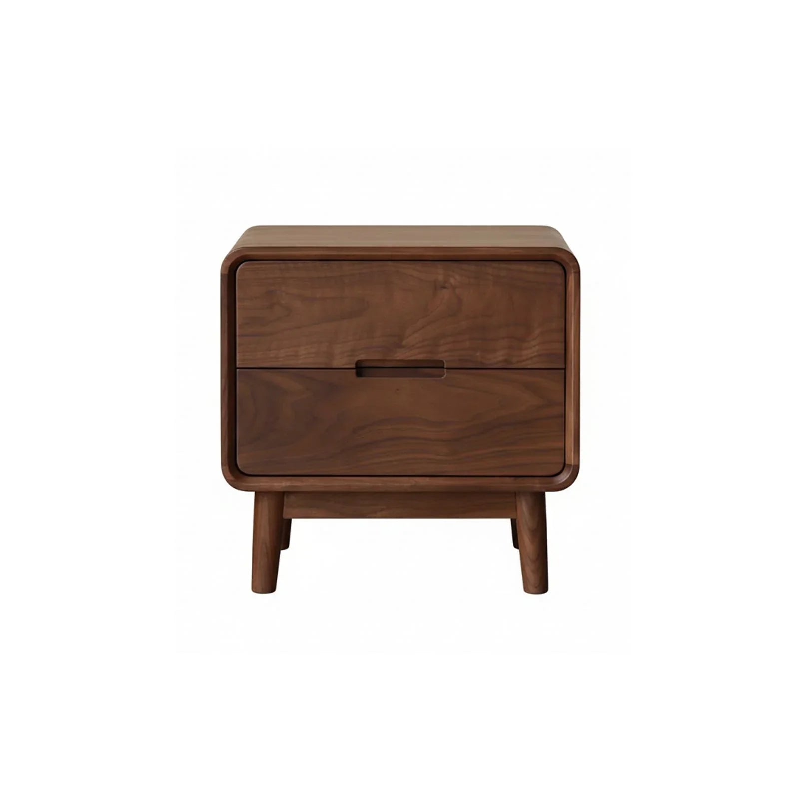 Solid black walnut nightstand with rounded edges and two drawers, front view